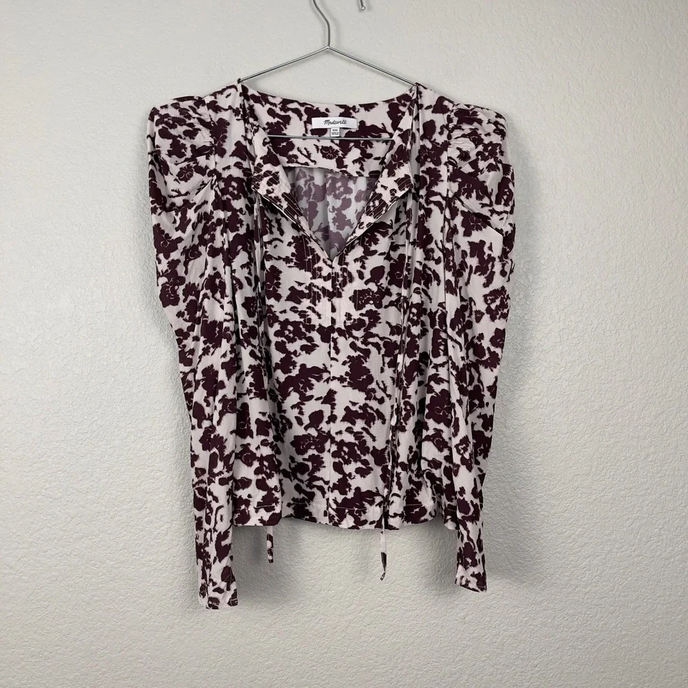 Madewell Draped Tie-Front Top XXS Chocolate Raisin Floral‎ Puff Sleeve